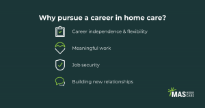 The advantages of a home care career. Career independence & flexibility, meaningful work, job security, building new relationships